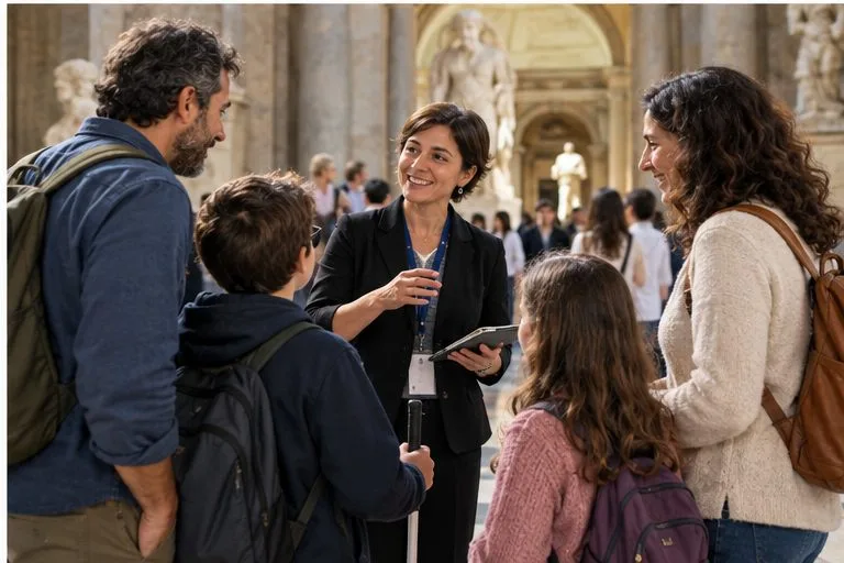 Una guida accoglie una famiglia in uno spazio museale.