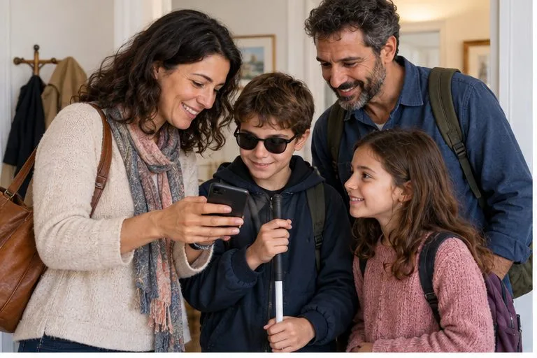 Una famiglia guarda le informazioni di visita su uno smartphone prima di partire.