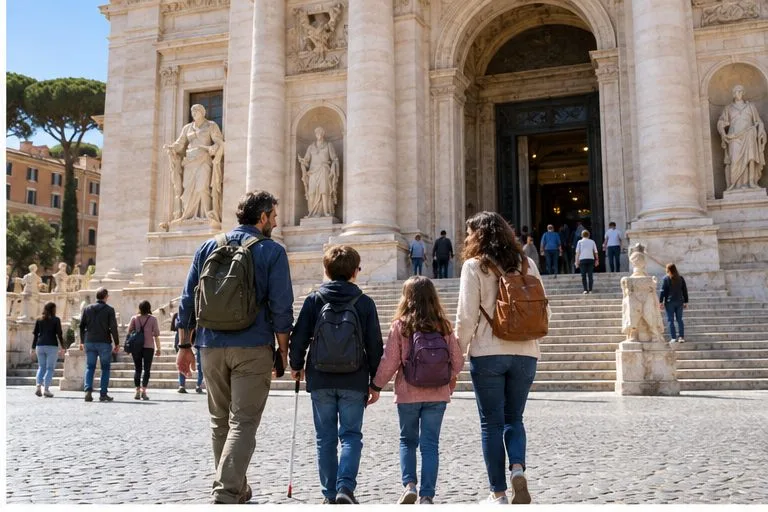 Una famiglia si avvicina a un ingresso monumentale in una piazza pedonale.