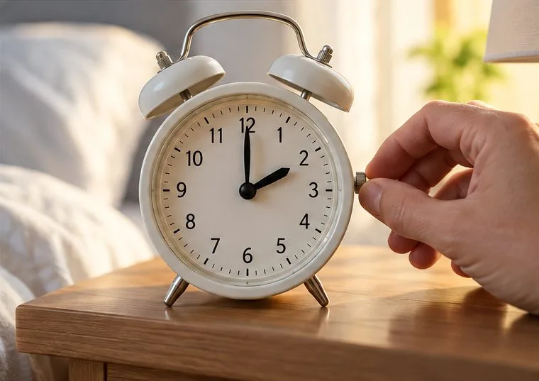 Hand draait aan de knop van een analoge wekker op het nachtkastje