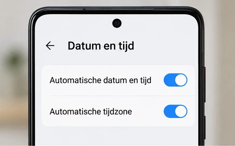 Voorbeeld van Android-instellingen met automatische datum en tijd en automatische tijdzone ingeschakeld