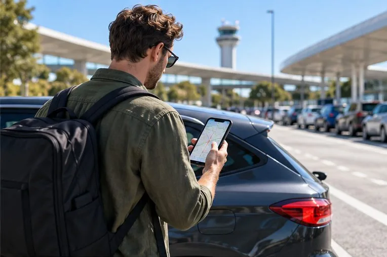 A traveler beside a car checks a phone map before driving toward an airport.