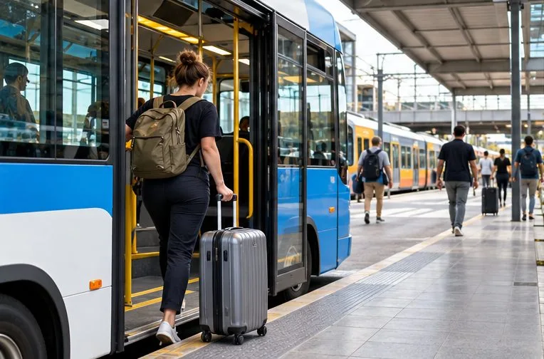A traveler with a suitcase boards a public bus at an airport-area interchange.