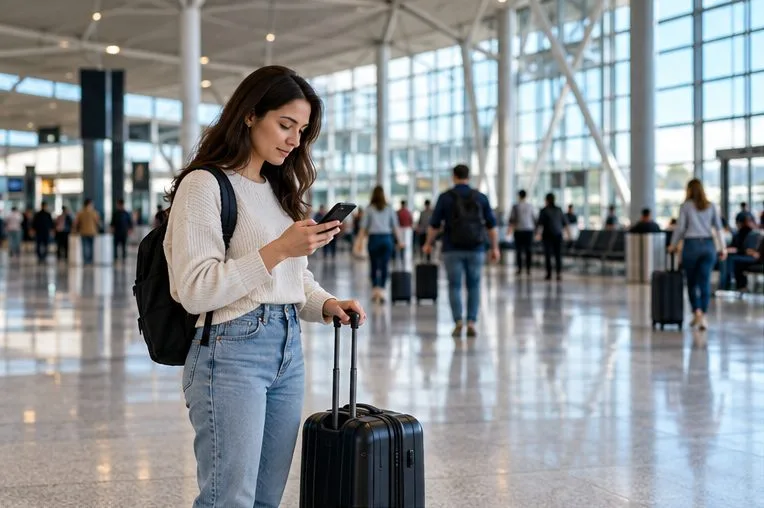 A traveler with a rolling suitcase checks a phone inside an airport terminal.