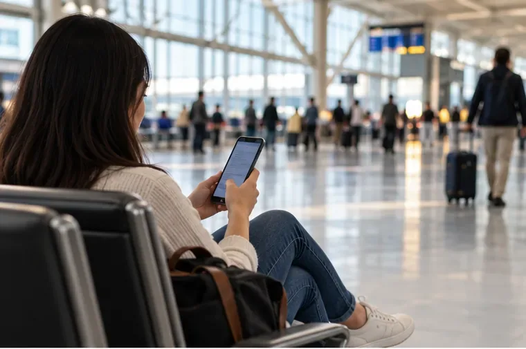 A traveler seated in an airport terminal checks a phone while passengers move in the background.