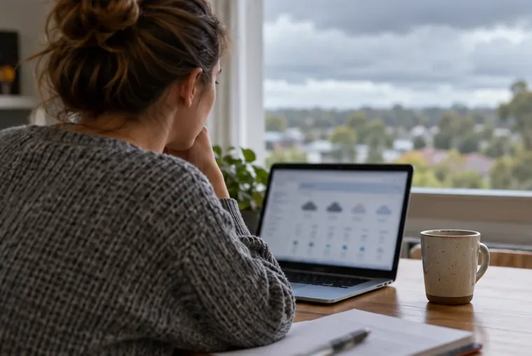 A traveler at home reviews a weather forecast on a laptop beside a window with cloudy skies outside.