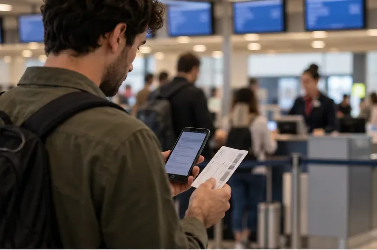 A traveler checks a phone and printed boarding pass at a busy airport check-in area.