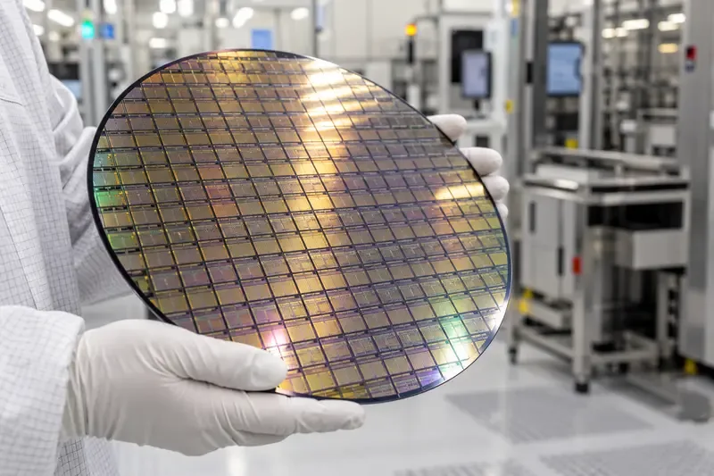 A gloved technician holds a reflective silicon wafer patterned with memory-chip dies in a cleanroom
