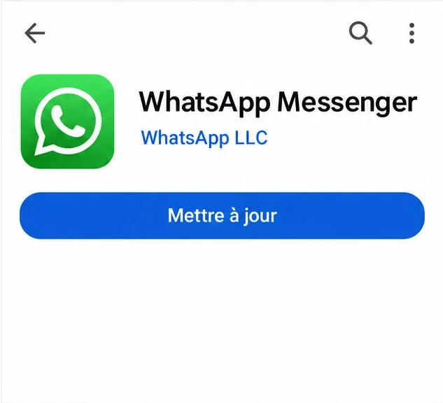 Fiche Google Play de WhatsApp Messenger affichant le bouton Mettre à jour