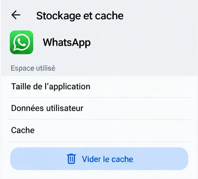 Écran Android Stockage et cache de WhatsApp avec les lignes de stockage et le bouton Vider le cache