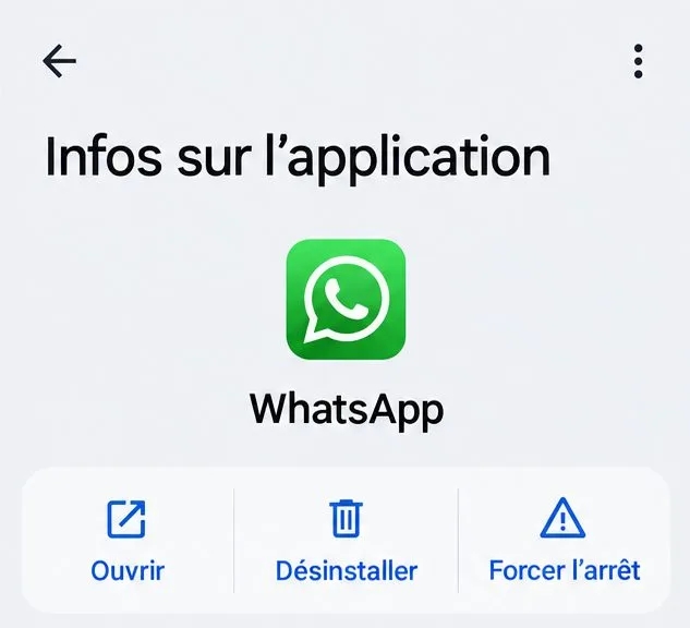 Page Android Infos sur l’application pour WhatsApp, avec les commandes Ouvrir, Désinstaller et Forcer l’arrêt