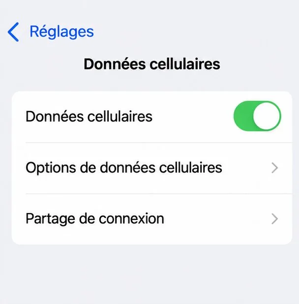 Écran Réglages d’un iPhone montrant l’option Données cellulaires activée