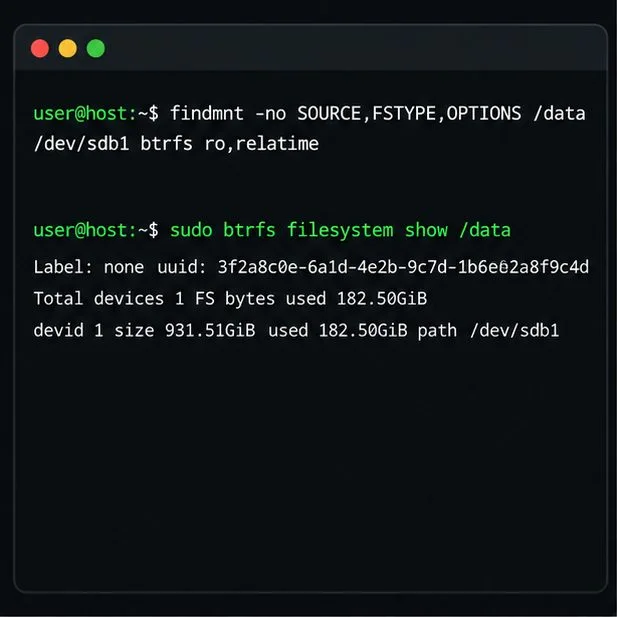 Команды терминала, проверяющие, смонтирована ли файловая система Btrfs в режиме только для чтения (/data), и отображающие список её устройств.