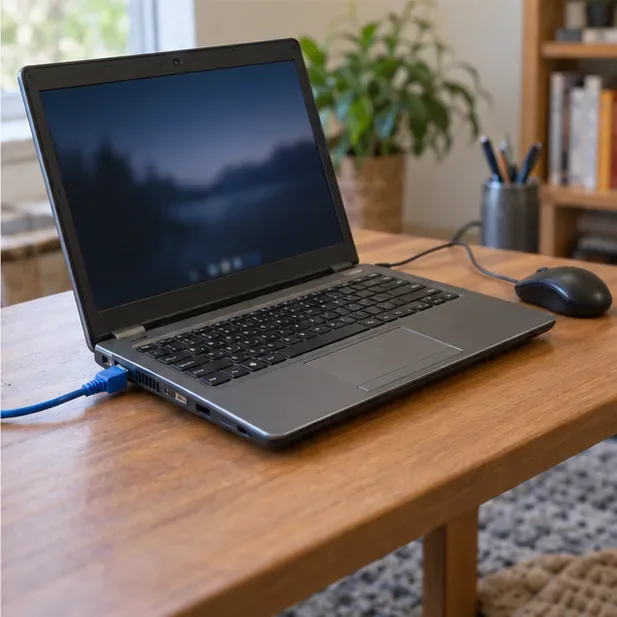 An older laptop on a desk connected to a wired mouse and Ethernet cable