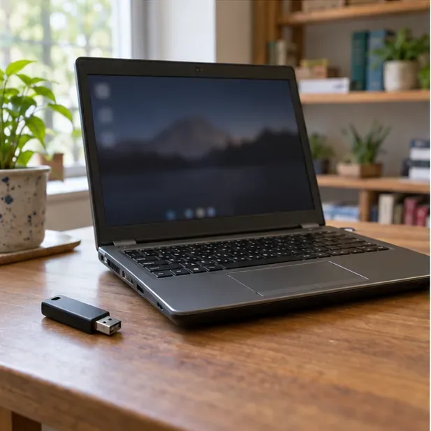 An older laptop beside a plain USB flash drive, ready for a live operating system test