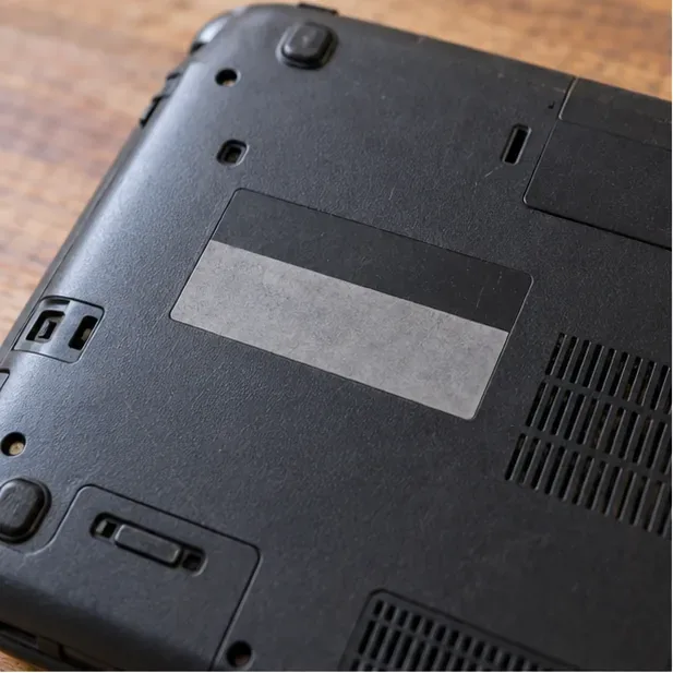 The underside of an older laptop with a blank identification label area and visible ventilation openings