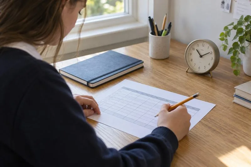 A student reviews a printed exam timetable at a study desk beside a notebook, pencil, and clock