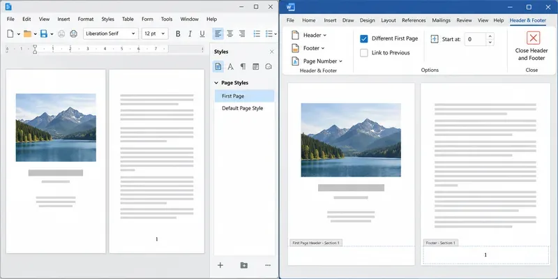 Side-by-side Writer and Word page-numbering illustration: Writer shows First Page and Default Page Style, while Word shows Different First Page and Start at 0