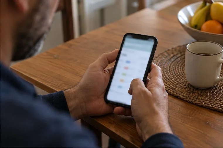 Osoba trzyma telefon z rozmytym widokiem wyników na ekranie