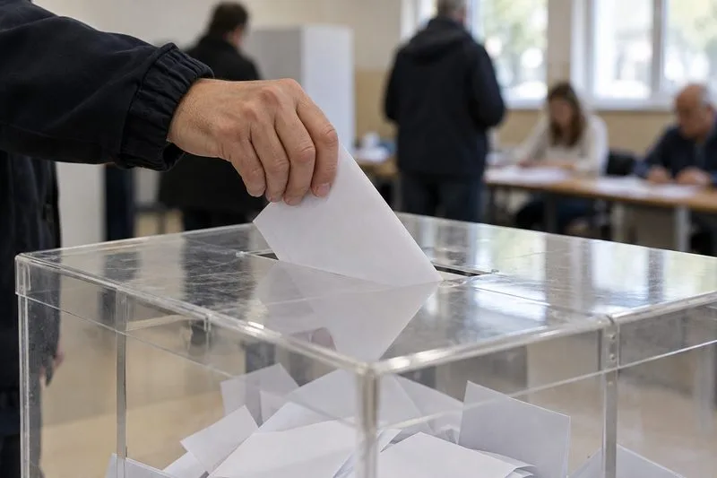 Ręka wkłada złożoną białą kartkę do przezroczystej urny, a osoby w lokalu są widoczne w rozmytym tle.