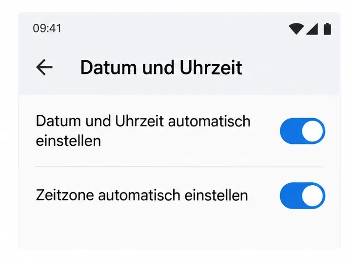 Android-Einstellungsansicht mit eingeschalteter automatischer Datums-, Uhrzeit- und Zeitzoneneinstellung.