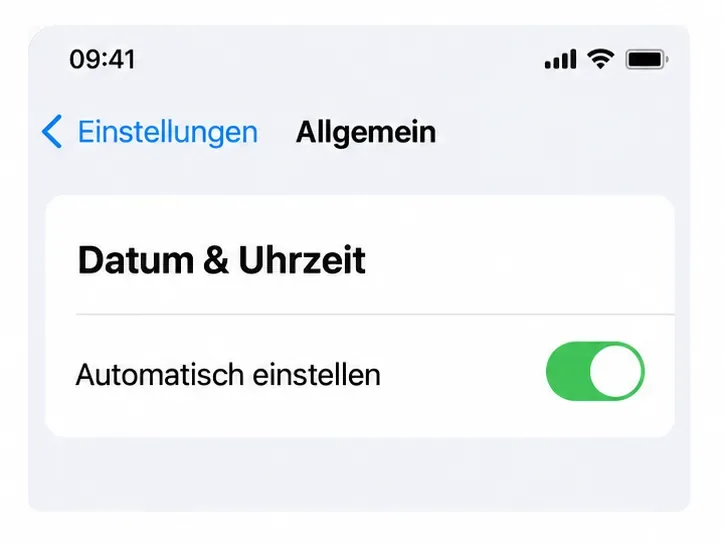 Einstellungsansicht für Datum und Uhrzeit mit aktivierter Option „Automatisch einstellen“.