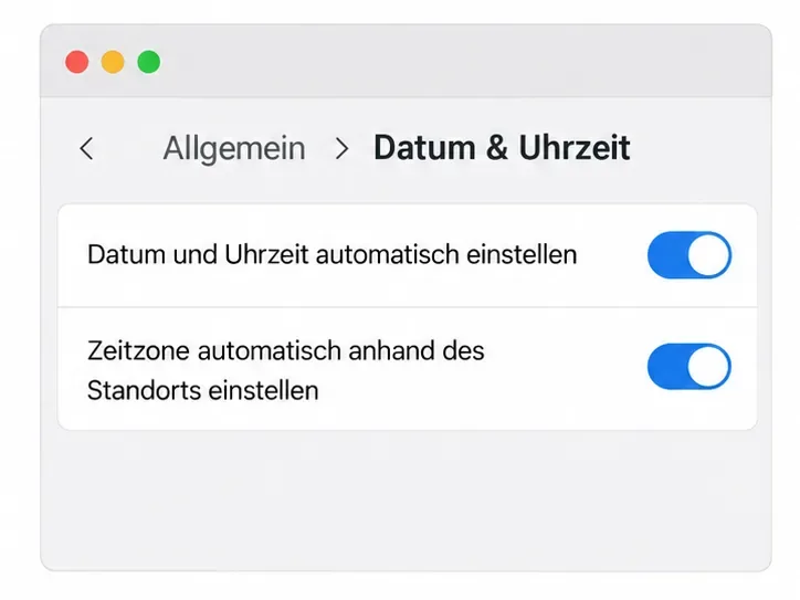 macOS-Einstellungsansicht mit aktivierter automatischer Datums- und Uhrzeiteinstellung sowie automatischer Zeitzone anhand des Standorts.