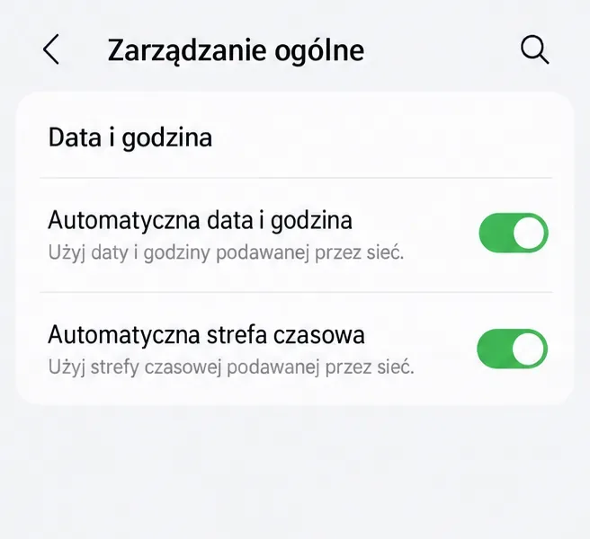 Poglądowy ekran Samsung Galaxy z włączoną automatyczną datą, godziną i strefą czasową