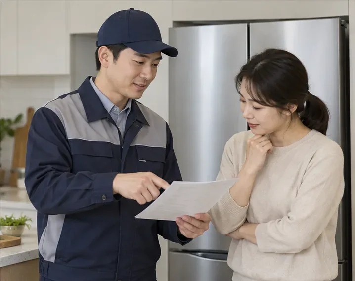 서비스 기사가 냉장고 옆에서 사용자와 종이 수리 견적서를 확인하는 모습