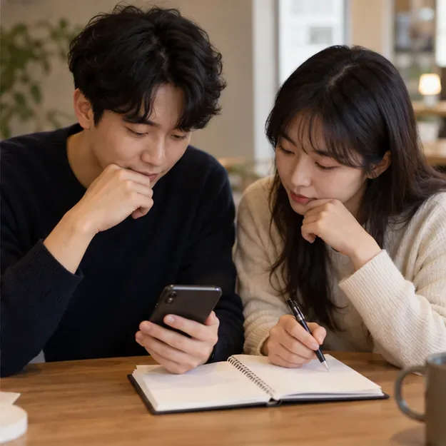 두 관람객이 휴대전화와 빈 노트를 보며 공연 준비 내용을 확인하는 모습