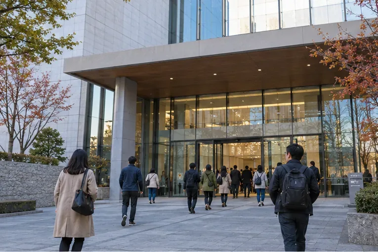 공공 기록문화시설 입구로 걸어가는 방문객들