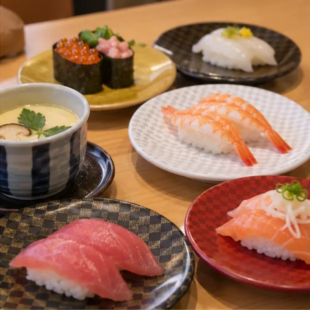 寿司の皿と茶碗蒸しが並ぶ食卓