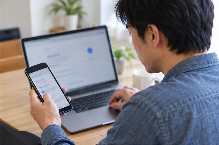 スマートフォンとノートパソコンを見比べる男性