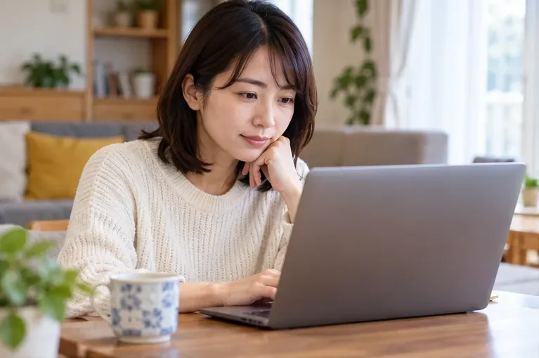 自宅でノートパソコンを見ながら情報を確認する女性