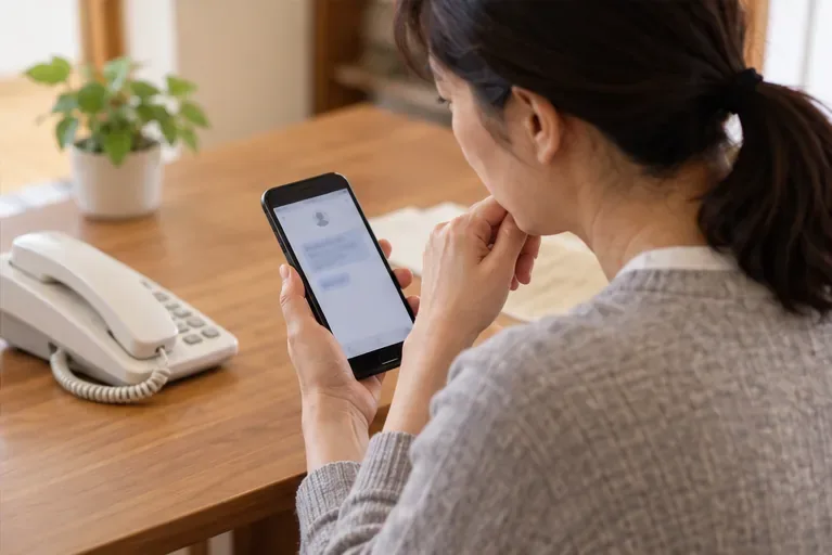 電話機のある机で、スマートフォンの通知を慎重に確認する女性