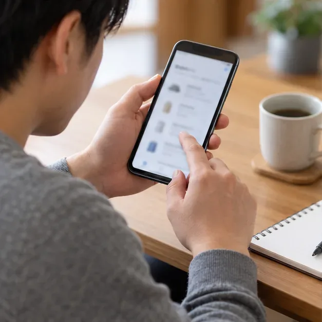スマートフォンで会員アカウントの履歴を確認する人