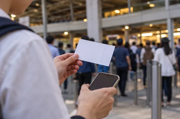 球場の入場口付近で、白いチケットとスマートフォンを手に持つ観戦者。