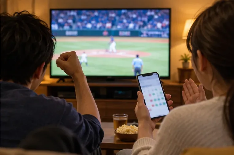 自宅のテレビで野球中継を見る二人と、手元のスマートフォン。