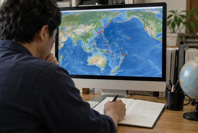 地震の位置を表示する地図をパソコンで見ながら、時刻をノートに記録する人