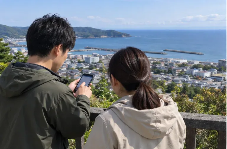 海を見下ろす高台で、二人がスマートフォンの情報を確認している様子