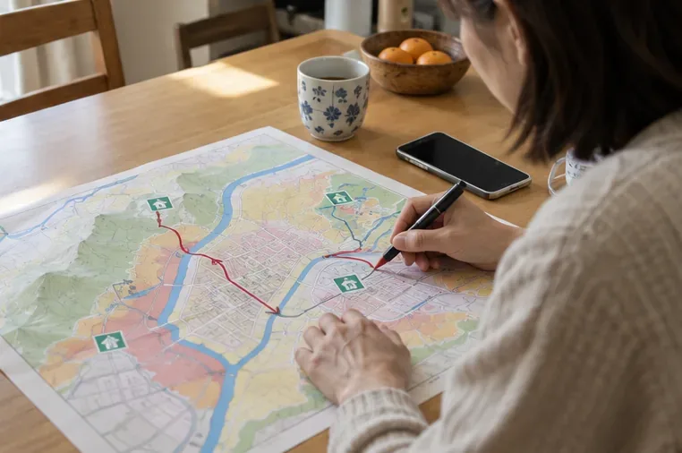 自宅のテーブルで地図に避難経路を書き込む人とスマートフォン