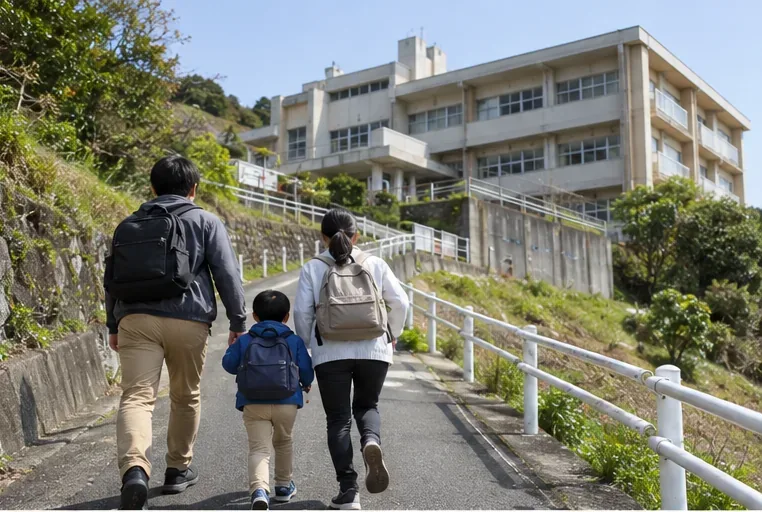 家族が海岸沿いの町から坂道を上り、頑丈な避難施設へ向かう様子