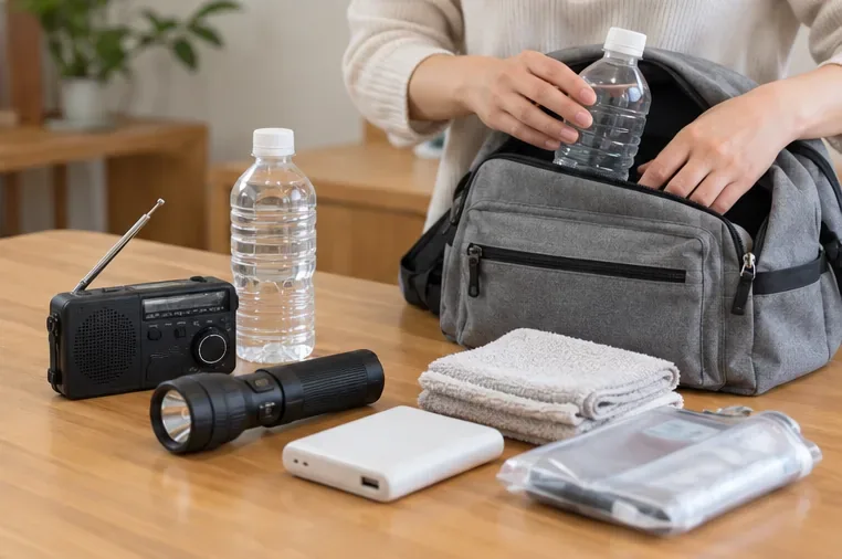 水、携帯ラジオ、懐中電灯、モバイルバッテリーを避難用バッグに入れる人