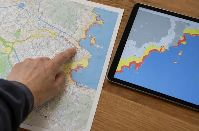 海岸線の地図とタブレットの地図を指で照合している様子
