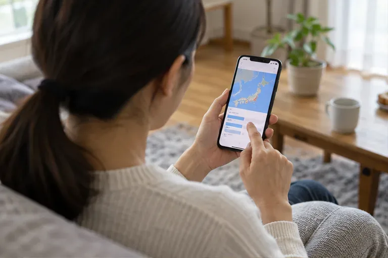 自宅でスマートフォンを操作し、地図を含む防災情報ページを確認する人