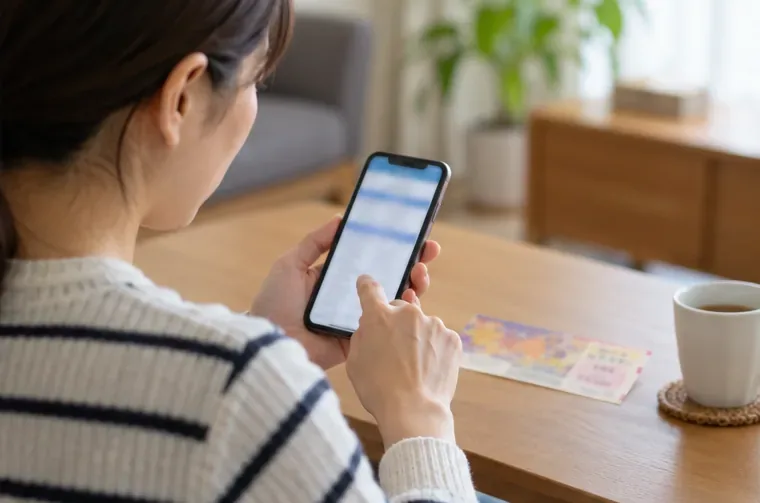 宝くじ券を机に置き、スマートフォンで当せん番号の確認先を調べる様子