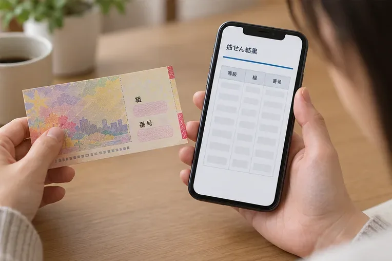 宝くじ券とスマートフォンの結果一覧を見比べるイメージ