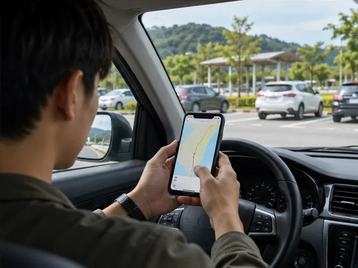 停妥的車輛內，乘客查看手機上的路線地圖與行程資訊