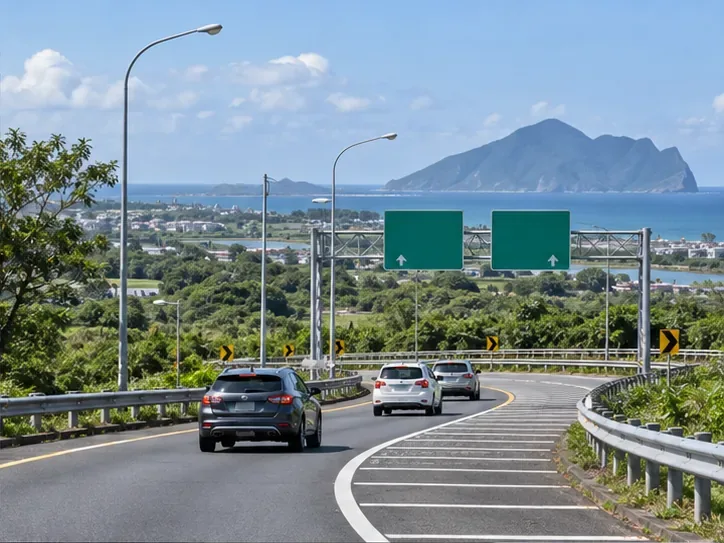 數輛汽車接近設有綠色方向標誌的高速公路入口匝道