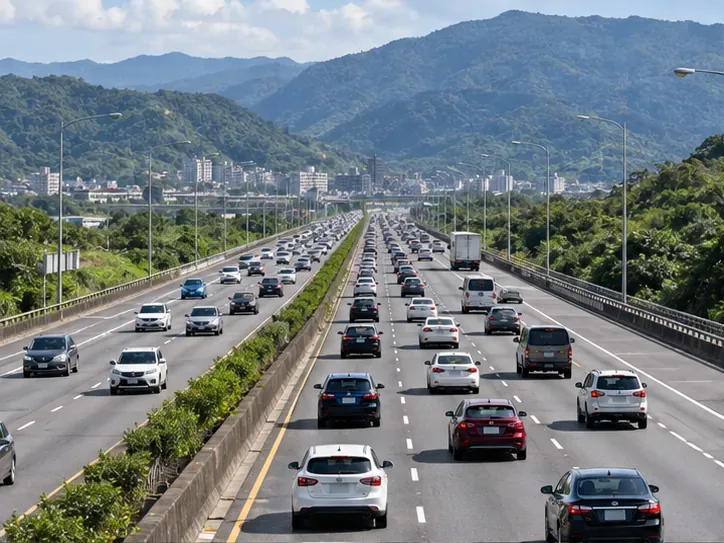 山巒旁的多車道高速公路上有車流行駛，呈現連假國道可能出現的車潮